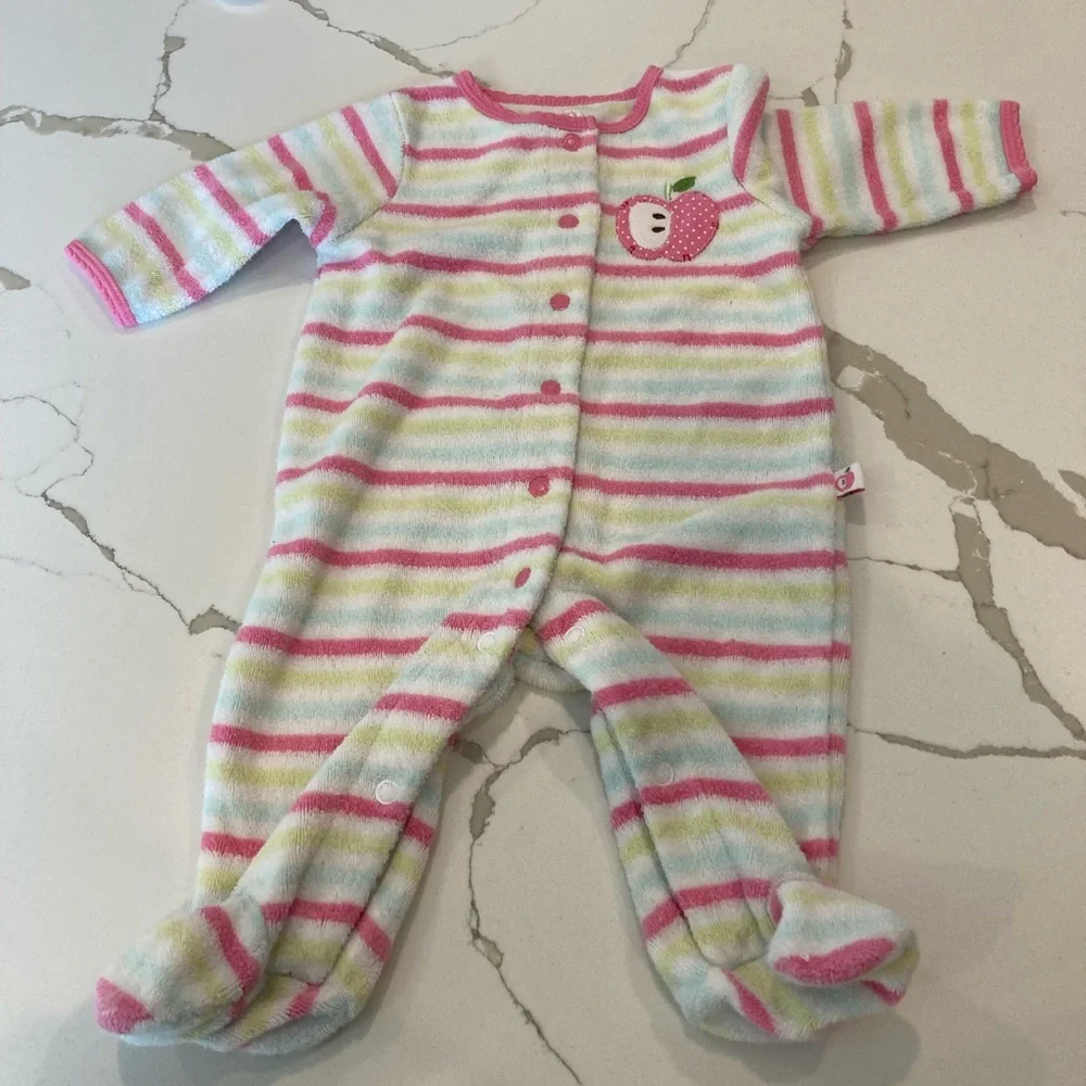 Baby girl carters white pink stripe footie pajamas pjs sleeper button up apple